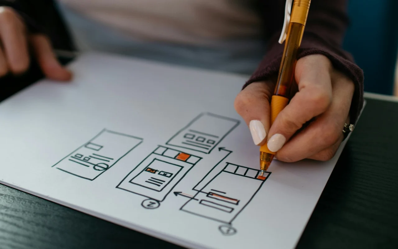 Hands drawing a storyboard wireframe